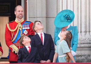 (left to right) The Prince of Wales, Prince Louis, Prince George, the Princess of Wales and Princess Charlotte on the balcony of Buckingham Palace, London, to view the flypast following, the Trooping the Colour ceremony in central London, as King Charles III celebrates his official birthday. Picture date: Saturday June 14, 2025. (Photo by Aaron Chown/PA Images via Getty Images)