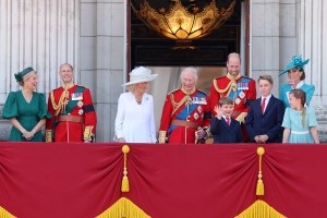 LONDON, ENGLAND - JUNE 14: Sophie, Duchess of Edinburgh, Prince Edward, Duke of Edinburgh, Queen Camilla, King Charles III, Prince Louis of Wales, Prince William, Prince of Wales, Prince George of Wales, Catherine, Princess of Wales and Princess Charlotte of Wales wave from the balcony at Buckingham Palace during Trooping The Colour 2025 on June 14, 2025 in London, England. Trooping The Colour is a ceremonial parade celebrating the official birthday of the British Monarch. The event features over 1,400 soldiers and officers, accompanied by 200 horses. More than 400 musicians from ten different bands and Corps of Drums march while performing. (Photo by Chris Jackson/Getty Images)