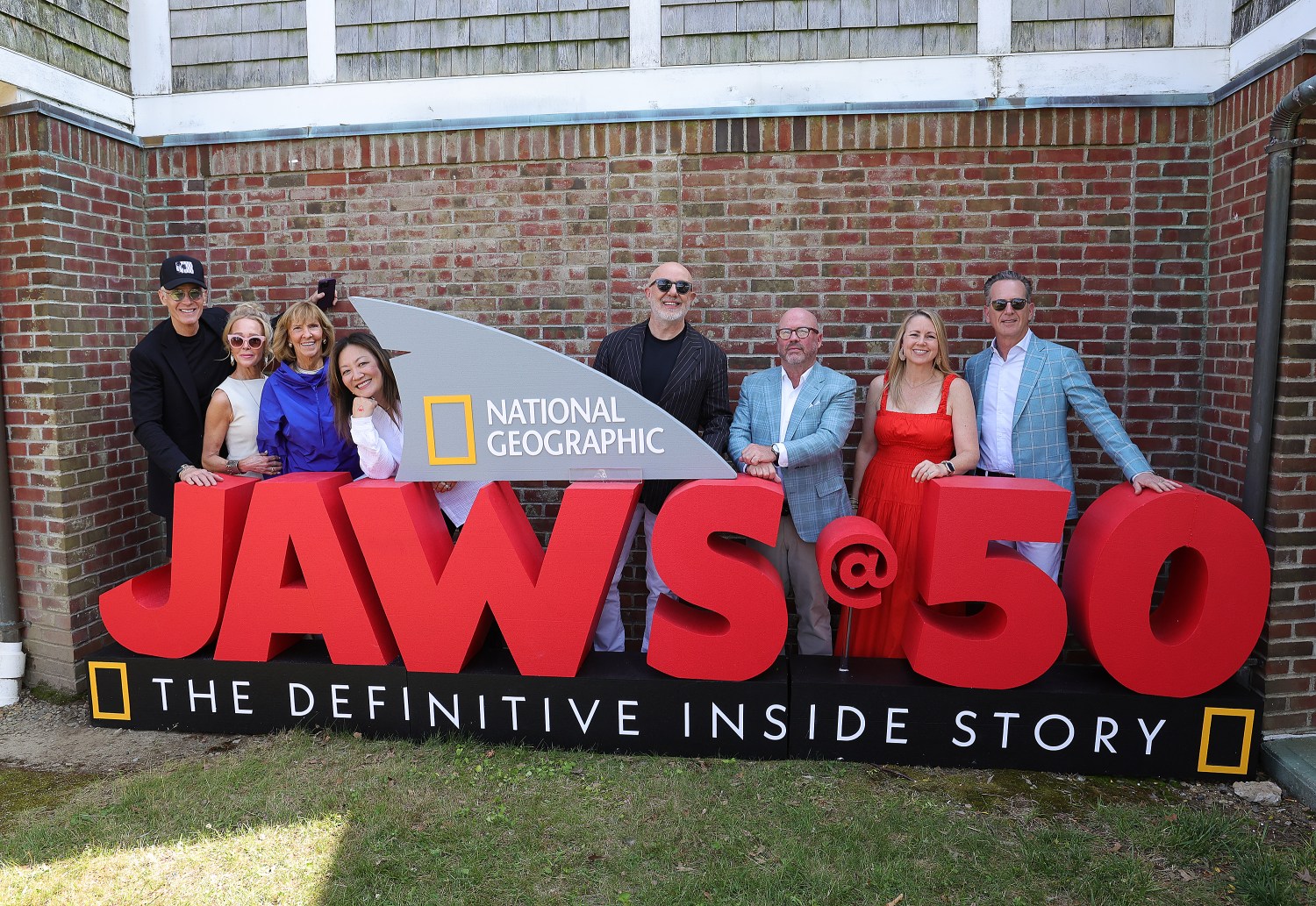 Producer Markus Keith, EP Laura Bowling, EP Wendy Benchley, Janet Han Vissering (senior vp, development and production, National Geographic), director/producer Laurent Bouzereau, Amblin TV co-president Justin Falvey, EP Tracey Rudolph Jackson and Amblin TV co-president Darryl Frank celebrated National Geographic's Jaws @ 50: The Definitive Inside Story” world premiere in Martha's Vineyard on June 20.