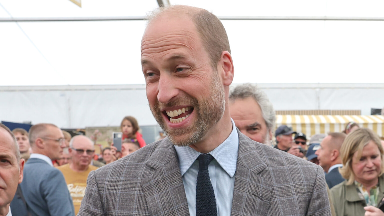 Prince William wearing a plaid gray suit and laughing
