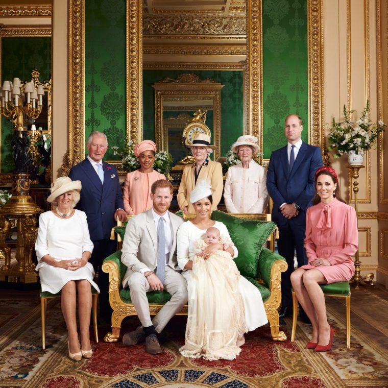 WINDSOR, UNITED KINGDOM JULY 06: NEWS EDITORIAL USE ONLY. NO COMMERICAL USE. NO MERCHANDISING, ADVERTISING, SOUVENIRS, MEMORABILIA or COLOURABLY SIMILAR. NOT FOR USE AFTER AFTER 31 DECEMBER, 2019 WITHOUT PRIOR PERMISSION FROM ROYAL COMMUNICATIONS. NO CROPPING. In this official christening photograph supplied by the Duke and Duchess of Sussex, Prince Harry, Duke of Sussex, Meghan, Duchess of Sussex with their son, Archie Mountbatten-Windsor pose for a photographe with and (L-R) Camilla, Duchess of Cornwall, Prince Charles, Prince of Wales, Ms Doria Ragland, Lady Jane Fellowes, Lady Sarah McCorquodale, Prince William, Duke of Cambridge and Catherine, Duchess of Cambridge in the Green Drawing Room at Windsor Castle on July 06, 2019 in Windsor, United Kingdom. (Photo by Chris Allerton/SussexRoyal via Getty Images) Copyright in this photograph is vested in The Duke and Duchess of Sussex. Publications are asked to credit the photographs to Chris Allerton. No charge should be made for the supply, release or publication of the photograph. The photograph must not be digitally enhanced, manipulated or modified in any manner or form and must include all of the individuals in the photograph when published.