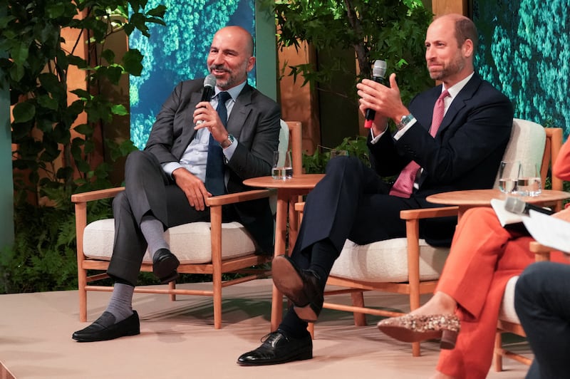 The Prince of Wales, founder and president of Earshot Prize and Dara Khosrowshahi, chief executive of Uber during the ‘Leading with Impact’ event