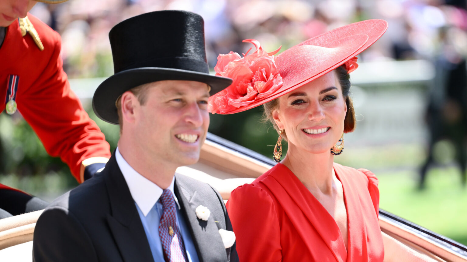 The One Person Kate Middleton Asks for Betting Advice at Royal Ascot Prince William wears a top hat and tails and Kate Middleton wears a bright red dress and matching hat as they arrive at Royal Ascot 2023