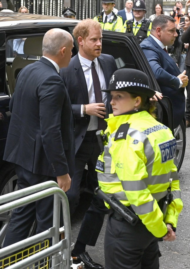 LONDON, ENGLAND - JUNE 06: Prince Harry, Duke of Sussex, arrives to give evidence at the Mirror Group Phone hacking trial at the Rolls Building at High Court on June 06, 2023 in London, England. Prince Harry is one of several claimants in a lawsuit against Mirror Group Newspapers related to allegations of unlawful information gathering in previous decades. (Photo by Kate Green/Getty Images)