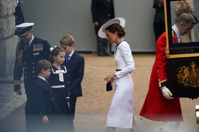 The Princess of Wales, Prince George, Princess Charlotte and Prince Louis arrive for the Trooping the Colour ceremony at Horse Guards Parade, central London, as King Charles III celebrates his official birthday. Picture date: Saturday June 15, 2024. PA Photo. See PA story ROYAL Trooping. Photo credit should read: Yui Mok/PA Wire