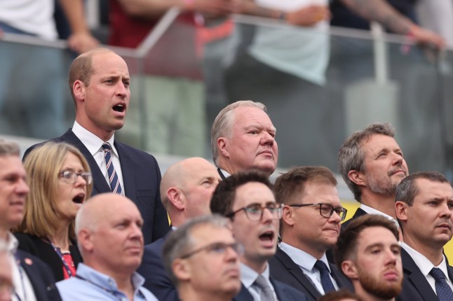 FRANKFURT AM MAIN, GERMANY - JUNE 20: Prince William, Prince of Wales and President of the FA sings the national anthem during the UEFA EURO 2024 group stage match between Denmark and England at Frankfurt Arena on June 20, 2024 in Frankfurt am Main, Germany. (Photo by Catherine Ivill - AMA/Getty Images)