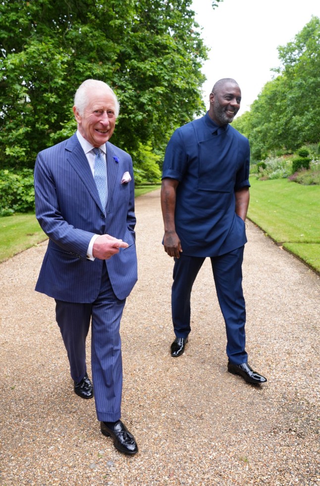 Britain's King Charles III (L) meets British actor Idris Elba during an event for The King's Trust to discuss youth opportunities, at St James's Palace in central London on July 12, 2024. (Photo by Yui Mok / POOL / AFP) (Photo by YUI MOK/POOL/AFP via Getty Images)