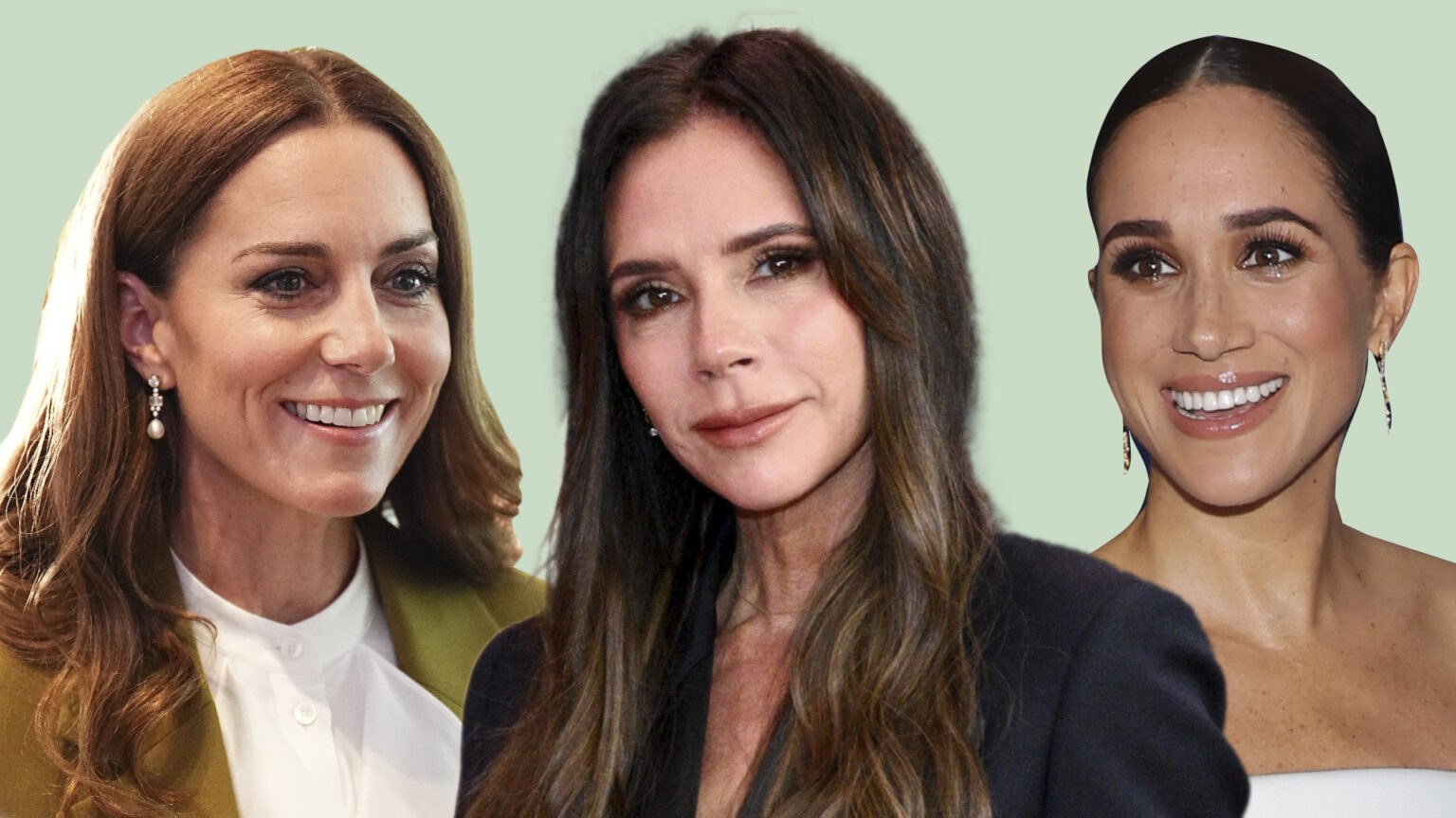 Composite of a picture of Kate Middleton wearing a Victoria Beckham suit, a picture of Victoria Beckham herself and a picture of Meghan Markle