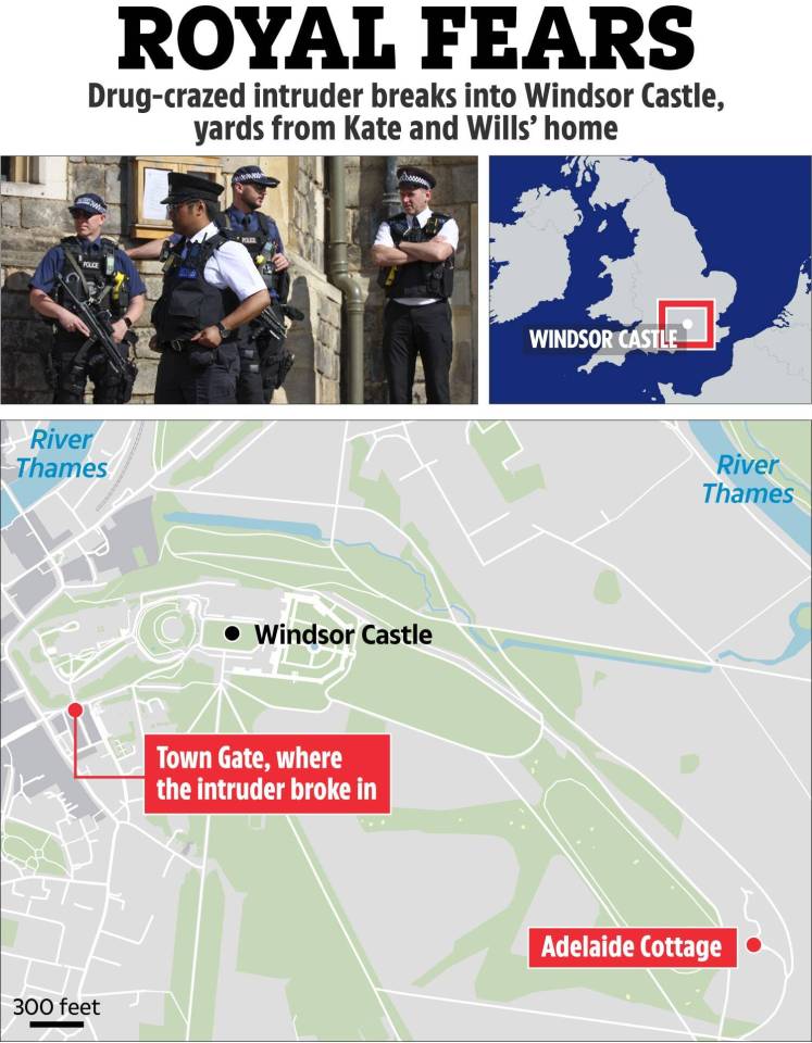 Illustration of Windsor Castle location map showing intruder entry point near Kate and William's home, plus photos of police.