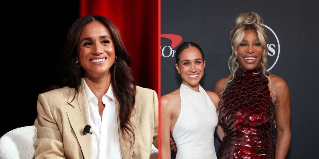 Meghan, Duchess of Sussex (left), Meghan, Duchess of Sussex, and Serena Williams (right), Sources: Getty