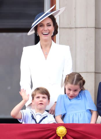 Getty Kate Middleton, Prince Louis, and Princess Charlotte at Trooping the Colour on June 2, 2022