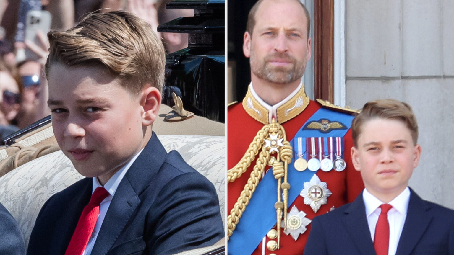Prince George at Trooping the Colour 2025 wearing a navy suit with a white shirt and a red tie, and joining the Royal Family on the Buckingham Palace balcony