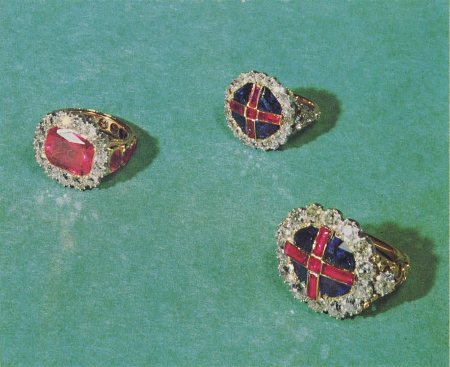 ‘Coronation rings’, 1953. Queen Adelaide’s Coronation Rings (1831) are part of the Royal Collection at the Tower of London. From The Crown Jewels, by Martin Holmes FSA. [Her Majesty’s Stationery Office, London, 1953]Artist Rundell, Bridge and Rundell. (Photo by The Print Collector/Getty Images)