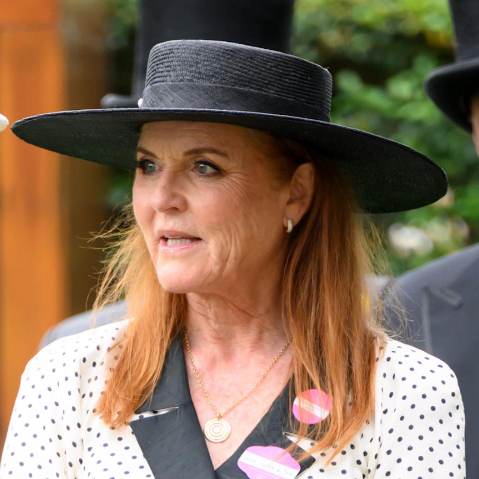 Sarah Ferguson wears a black and white polka dot dress to Royal Ascot 2025.