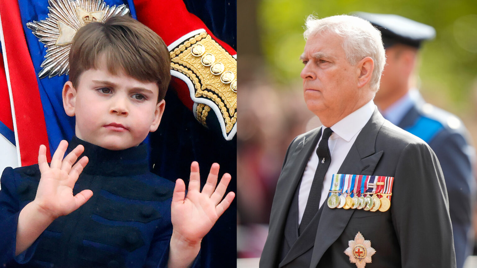 Prince Louis Could Follow in Prince Andrew’s Footsteps to Receive This Royal Honor When Prince William Becomes King Prince Louis waving at King Charles's coronation next to a photo of Prince Andrew wearing military medals on his suit