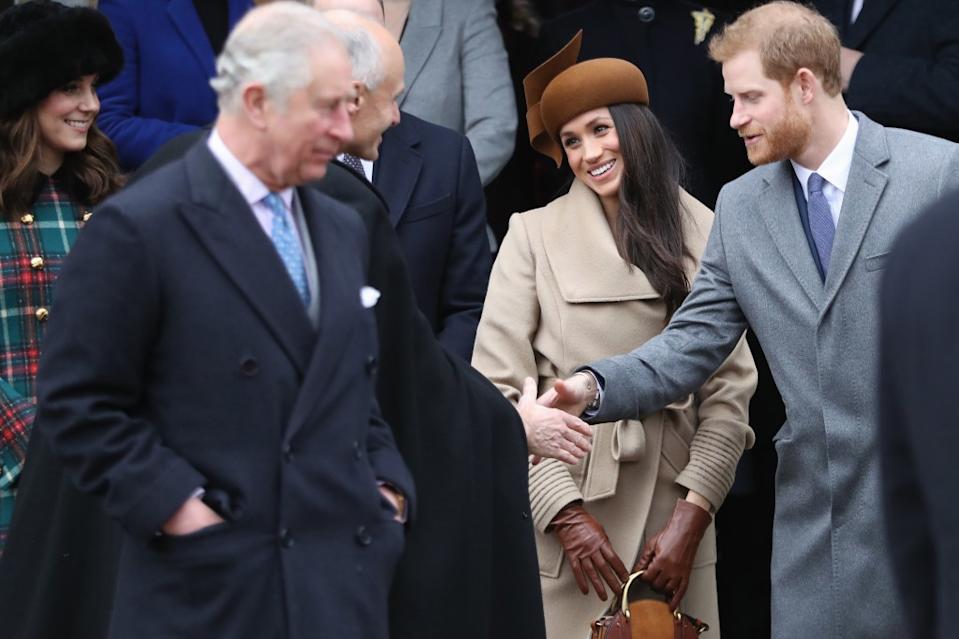 King Charles, Meghan Markle and Prince Harry in England on Christmas Day 2017. Getty Images