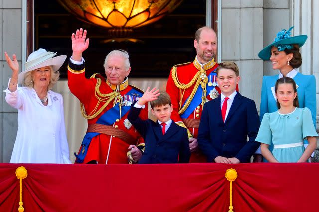 Victoria Jones/Shutterstock From left: Queen Camilla, King Charles, Prince Louis, Prince William, Prince George, Princess Charlotte and Princess Kate