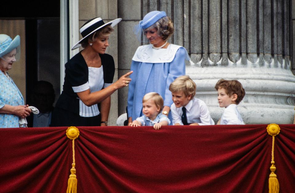 LONDON - JUNE 16: Queen Elizabeth the Queen Mother, Princess Michael of Kent, Princess Diana, Prince William, Peter Phillips and Lord Frederick Windsor on the balcony of Buckingham Palace for Trooping The Colour on June 16, 1984. (Photo by David Levenson/Getty Images)
