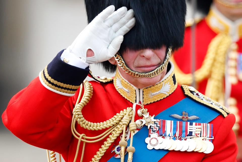 King Charles III, wearing his Welsh Guards uniform, takes the salute outside Buckingham Palace after attending Trooping the Colour on June 17, 2023 in London, England. Trooping the Colour is a traditional military parade held at Horse Guards Parade to mark the British Sovereign’s official birthday. It will be the first Trooping the Colour held for King Charles III since he ascended to the throne. (Photo by Max Mumby/Indigo/Getty Images)
