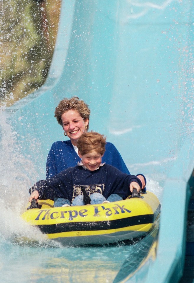 Princess Diana and Prince Harry on a water ride at Thorpe Park.