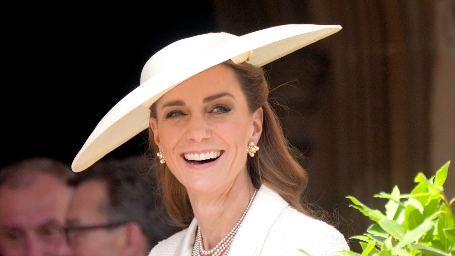Kate Middleton wearing a white dress and white hat at 2025 Order of the Garter Service