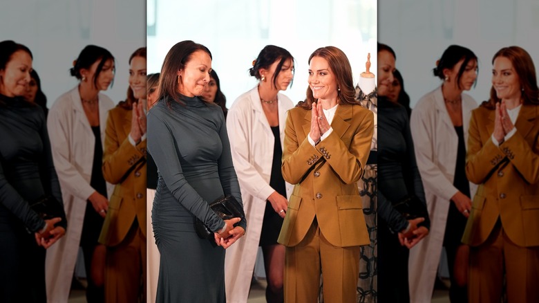Kate Middleton in a brown pantsuit in May 2025