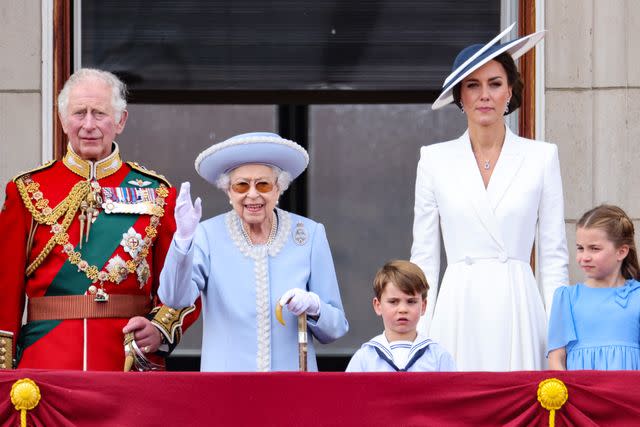 Getty Prince Charles, Queen Elizabeth, Prince Louis, Kate Middleton, and Princess Charlotte on June 2, 2022