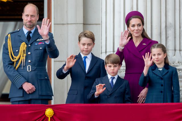 Mark Cuthbert/UK Press via Getty Prince William, Prince George, Prince Louis, Kate Middleton and Princess Charlotte on the balcony of Buckingham Palace after the military procession to mark the 80th anniversary of VE Day on May 5, 2025.