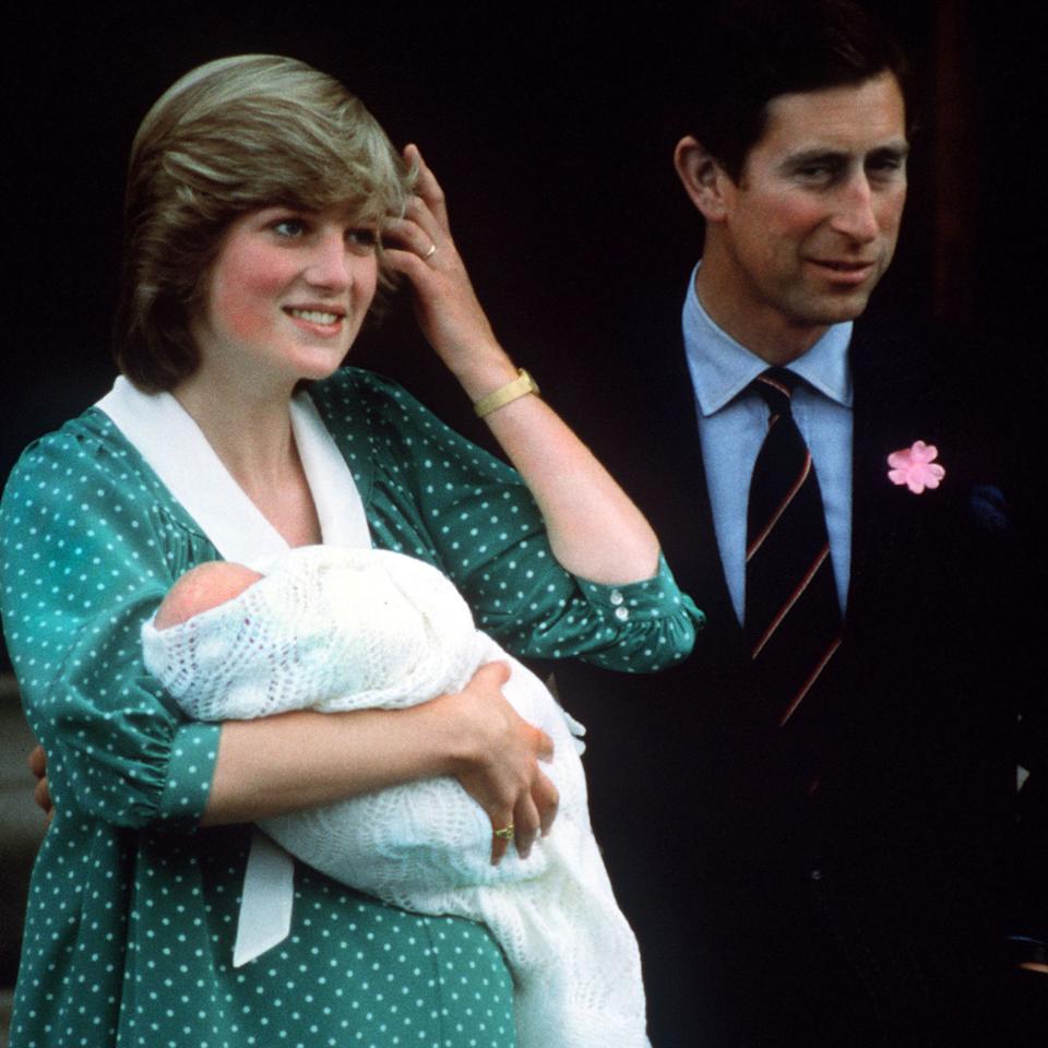Princess Diana holds baby Prince William outside the Lindo Wing in June 1982 after giving birth, alongside King Charles and Queen Elizabeth.