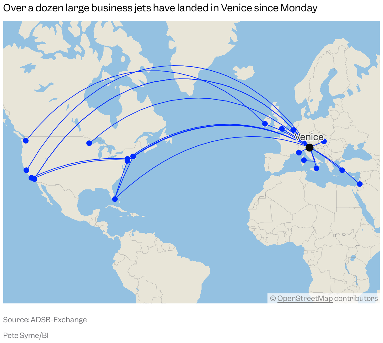 A map of the world, with Venice highlighted, showing several flight paths mostly from the US as well as from Turkey, Italy, Belgium, and Budapest.