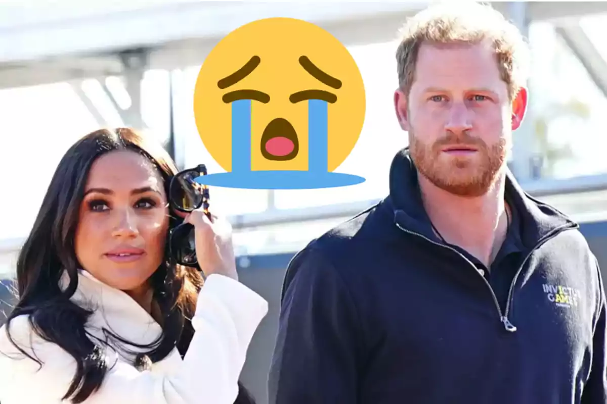A woman in a white coat and a man in a dark jacket are together outdoors, with a large crying face emoji behind them. A woman in a white coat and a man in a dark jacket are together outdoors, with a large crying face emoji behind them.