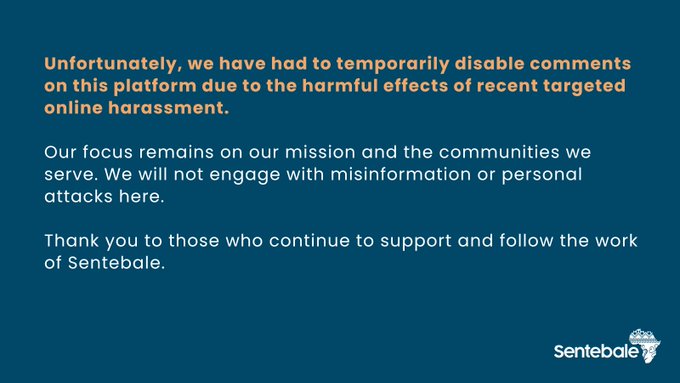 Statement from Sentebale regarding temporarily disabling comments due to online harassment.