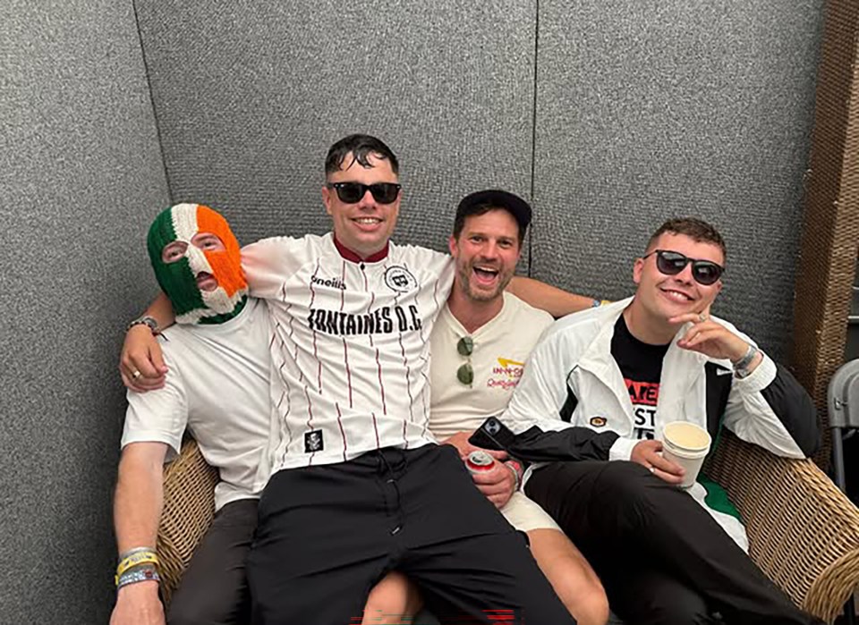 Jamie Dornan with Kneecap after their Glastonbury set.