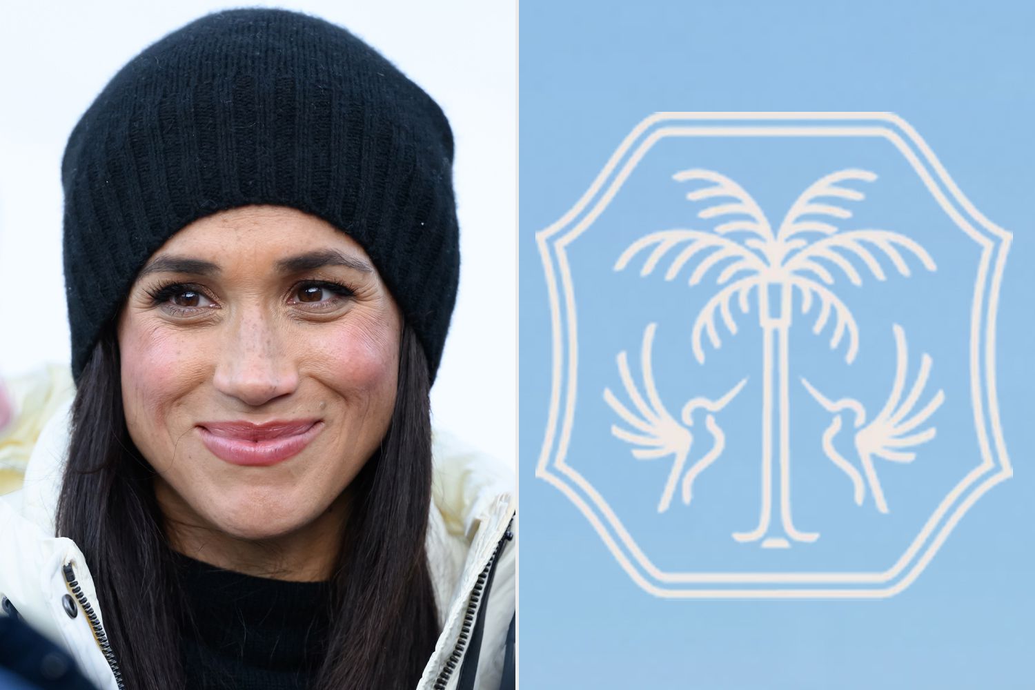 Meghan Markle, wearing a black beanie, smiles on the left, next to her As Ever brand logo featuring palm trees and birds on a light blue background on the right.