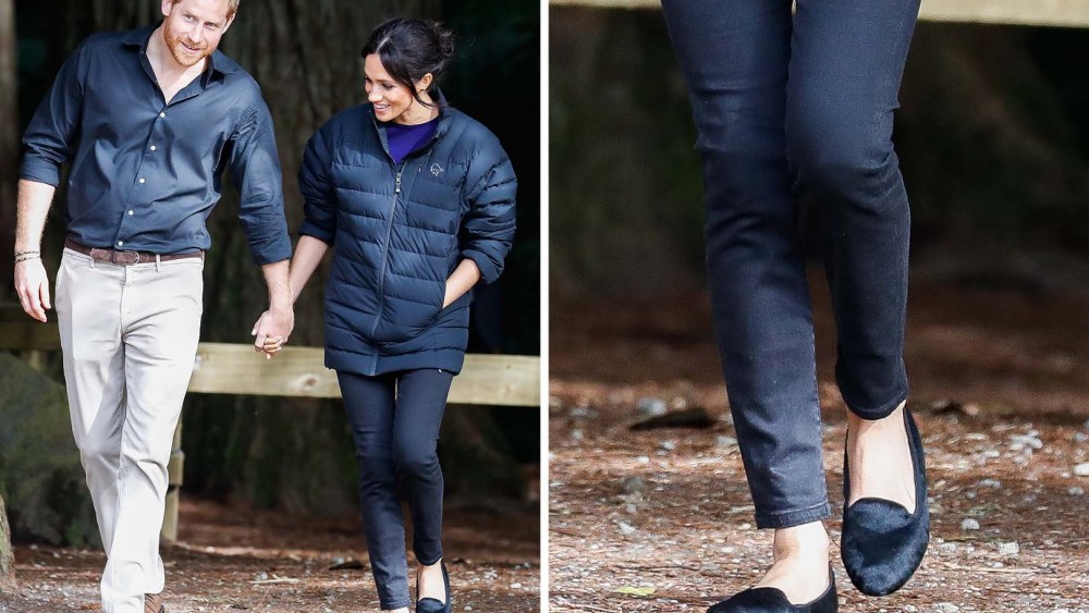 Prince Harry and Meghan Markle in her go-to Birdie Starling Slippers, black velvet flats she's worn for over a decade.