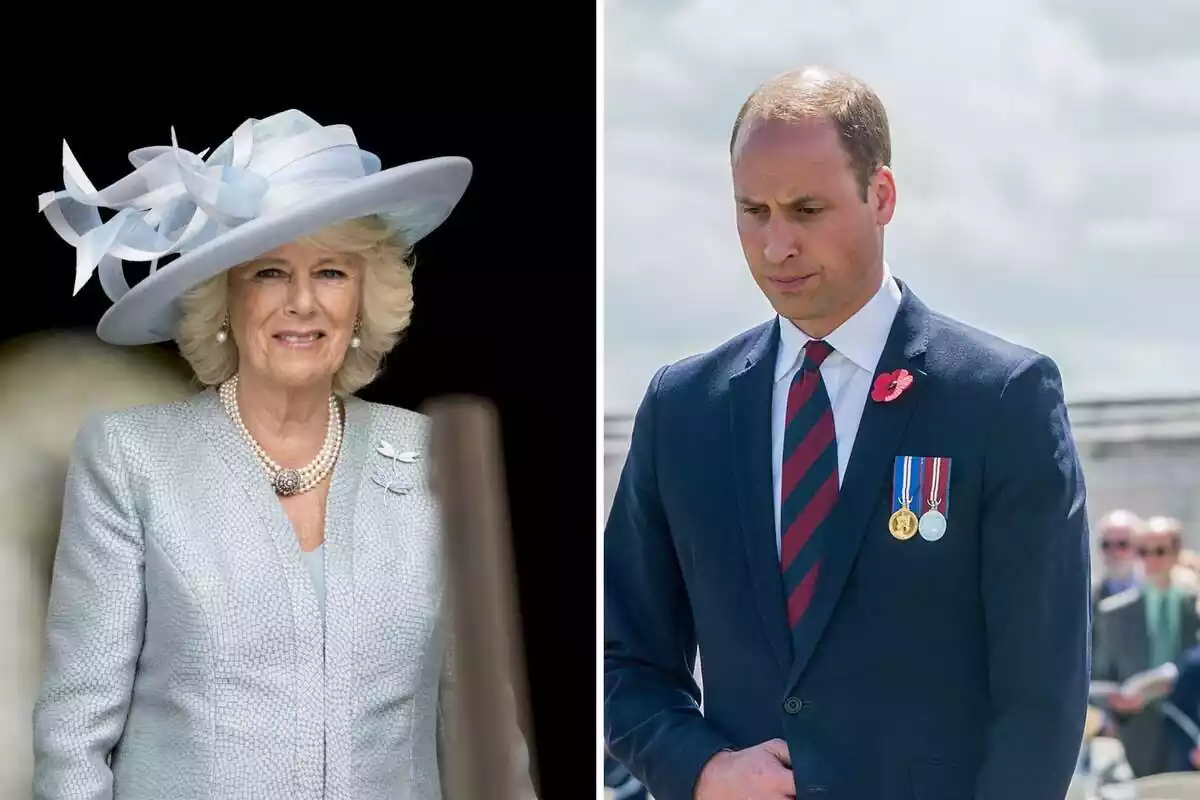 Montage of Camilla Parker smiling in a blue suit and Prince William looking down in a blue suit and red and blue tie