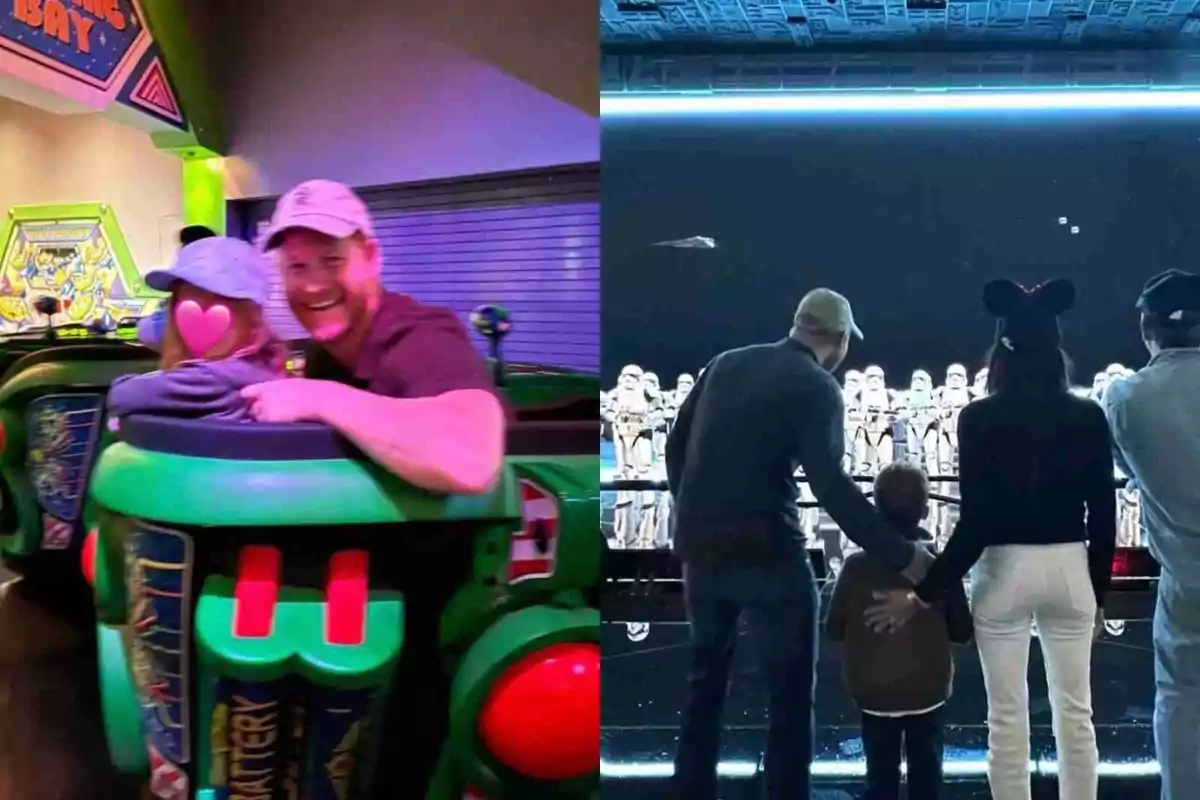 Prince Harry and Meghan Markle's family enjoys different attractions at a Disney's theme park; in the first image, they are on an interactive ride, and in the second, they are looking at a Star Wars soldiers exhibit.