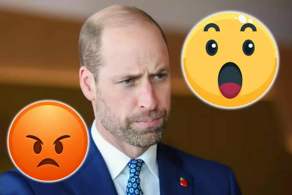 Man with a serious expression dressed in a blue suit accompanied by an angry emoji and a surprised emoji