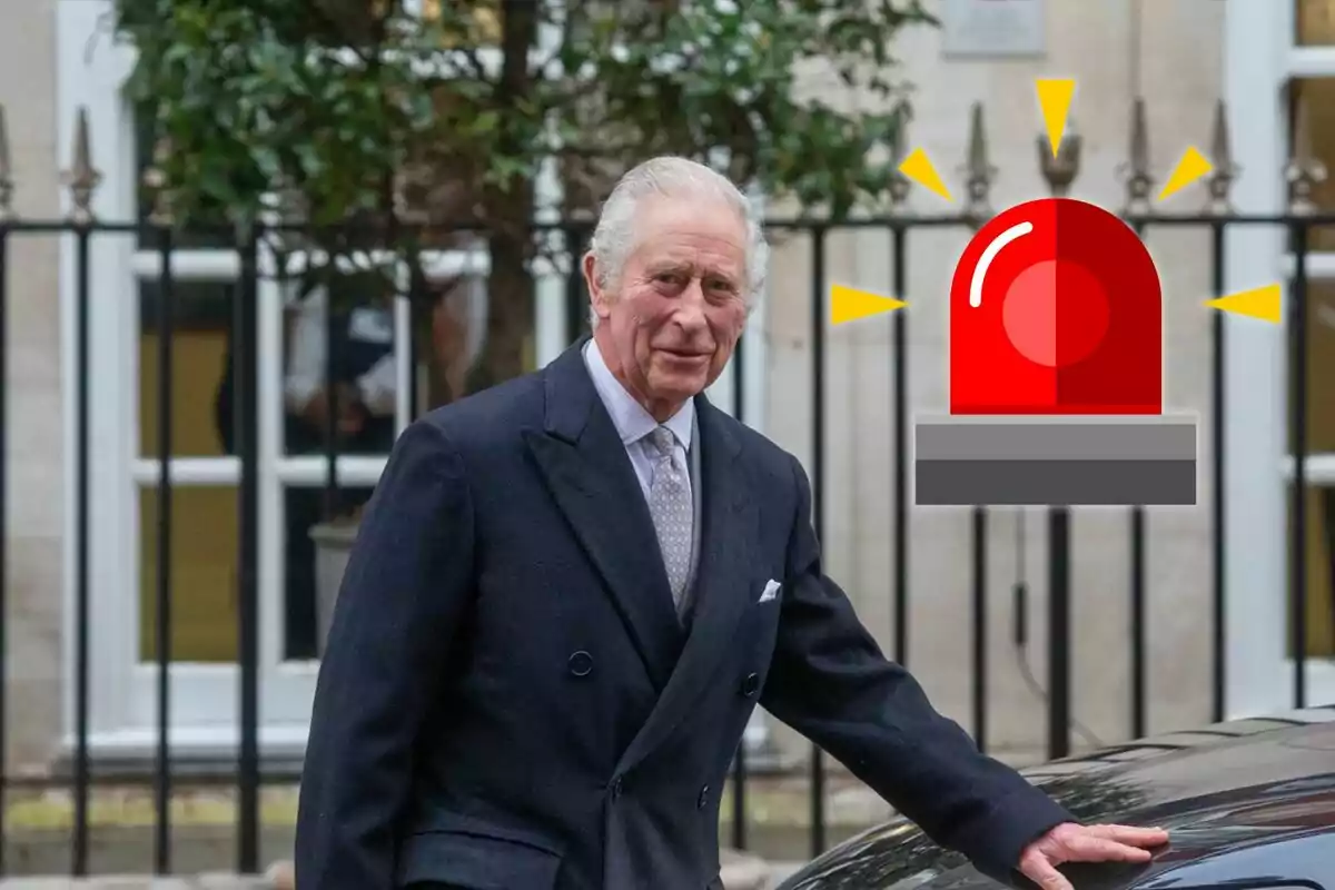 Older man with gray hair in a dark suit next to a car and a red alert siren drawn beside him Older man with gray hair in a dark suit next to a car and a red alert siren drawn beside him