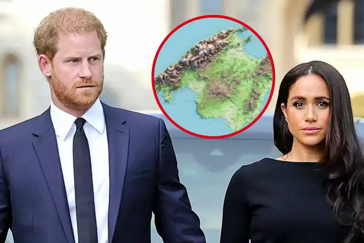 A couple dressed formally with a map in a red circle in the background.