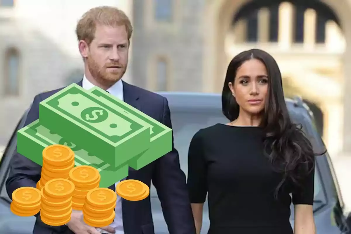 Couple dressed elegantly walking together with illustrations of bills and coins overlaid on the image