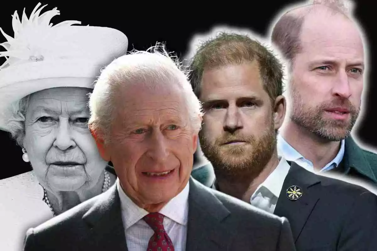 King Charles III and princes Harry and William posing together, with Queen Elizabet II in black and white in the background. King Charles III and princes Harry and William posing together, with Queen Elizabet II in black and white in the background.