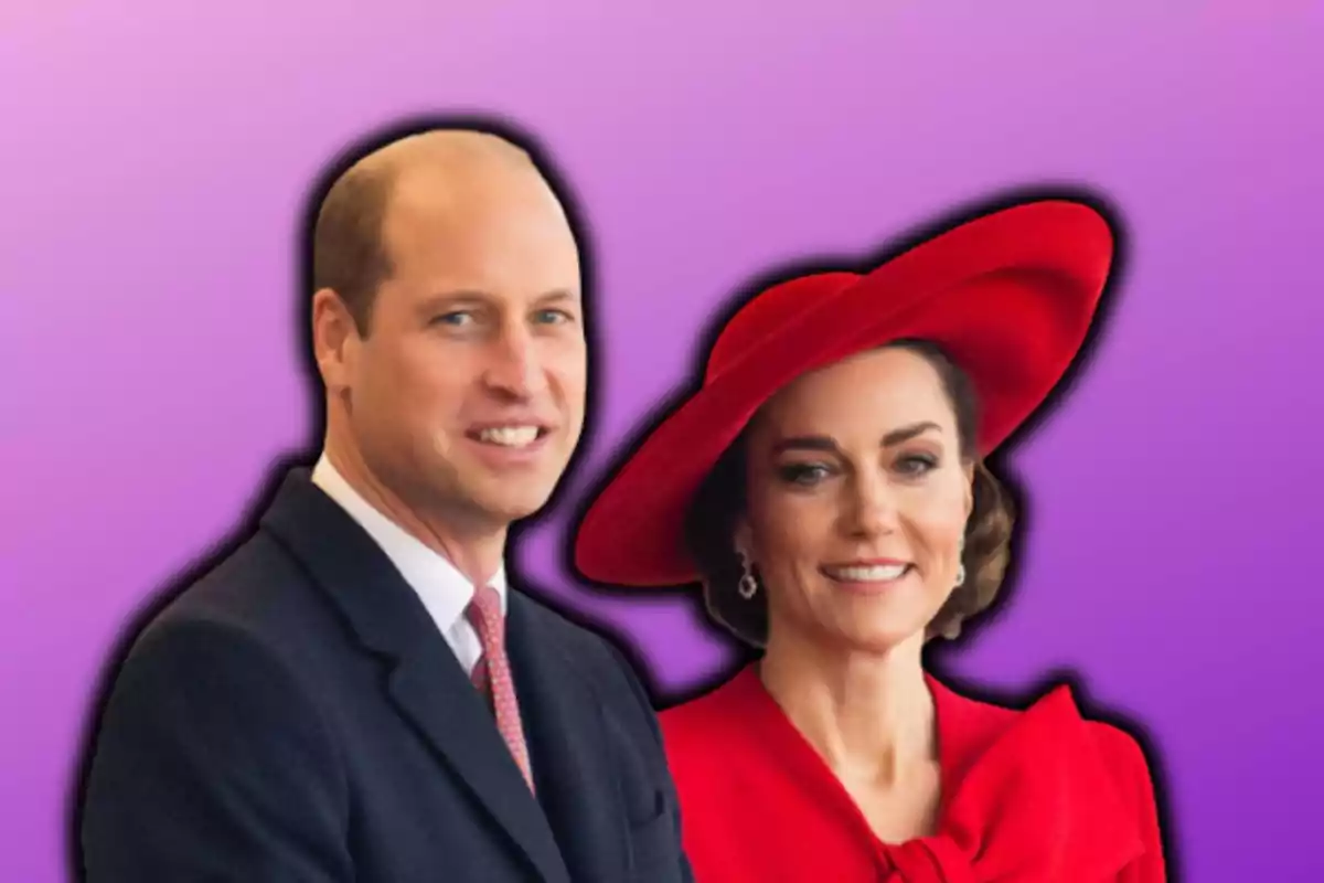Two people posing together with a purple background. Two people posing together with a purple background.
