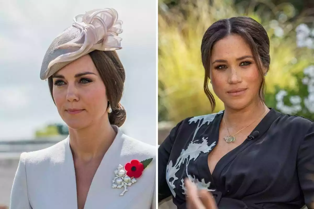 Montage of Kate Middleton in close-up looking to the left with a hat and beige suit and Meghan Markle on the right in a black dress in close-up