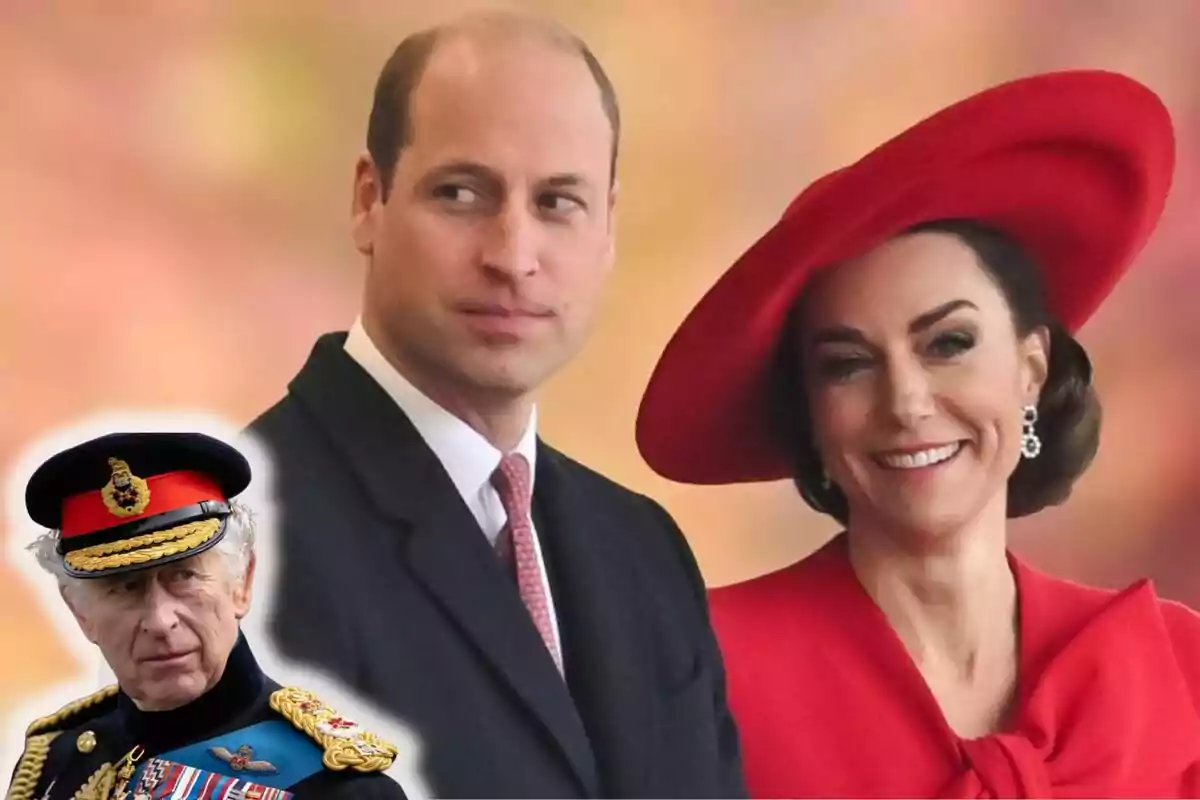 An elegantly dressed couple, with the woman wearing a red hat, and an older man in a military uniform with a cap.