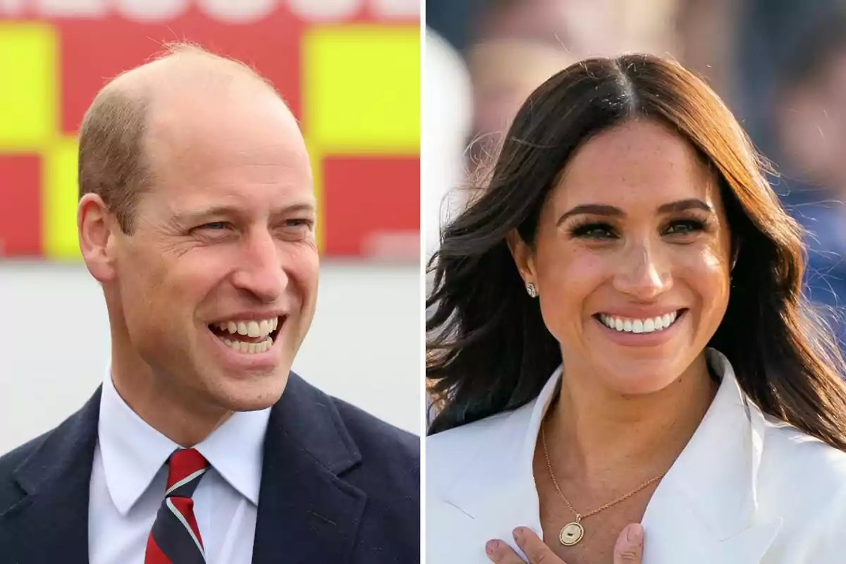Prince William and Meghan Markle smiling in a side-by-side photo montage, both dressed formally. Prince William and Meghan Markle smiling in a side-by-side photo montage, both dressed formally.