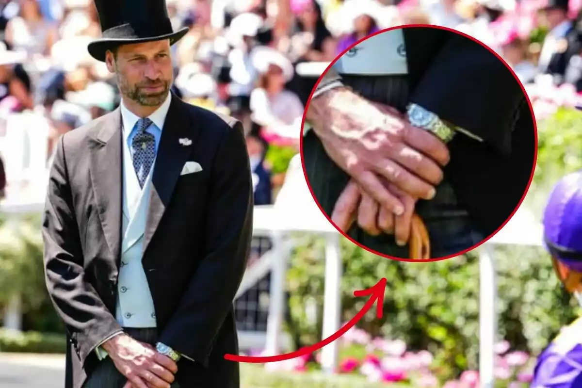 Prince William, elegantly dressed in a top hat, holds a cane while a magnifying glass highlights the watch on his left wrist. Prince William, elegantly dressed in a top hat, holds a cane while a magnifying glass highlights the watch on his left wrist.