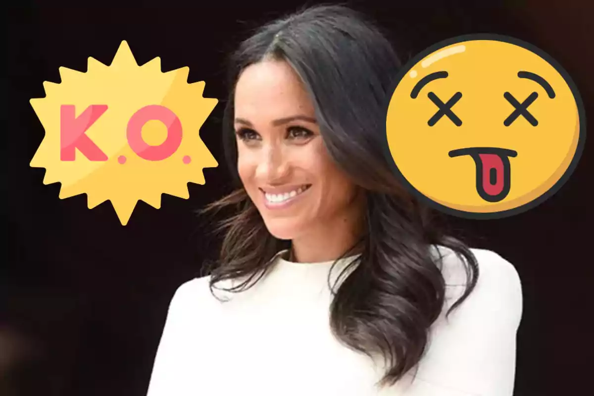 Smiling dark-haired woman with a K.O. graphic and a dizzy face emoji overlaid Smiling dark-haired woman with a K.O. graphic and a dizzy face emoji overlaid