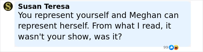 Comment mentioning Meghan Markle and a question about representation in a podcast interview discussion. Comment mentioning Meghan Markle and a question about representation in a podcast interview discussion.