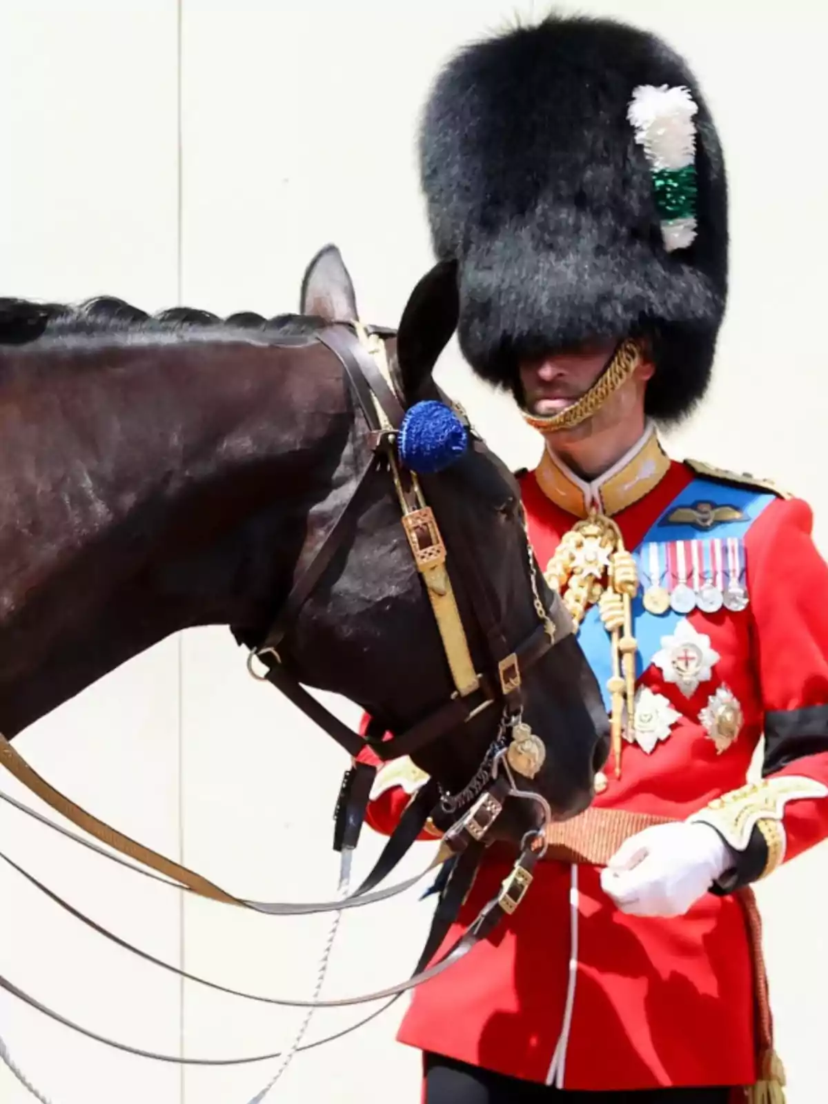 Guard in a red uniform and black fur hat next to a dark horse